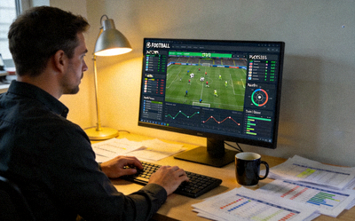 足球数据分析师在电脑前研究比赛统计图表